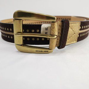 Michael Kors 553541 Brown Suede Gold Medium Wide Womens Belt Size Large